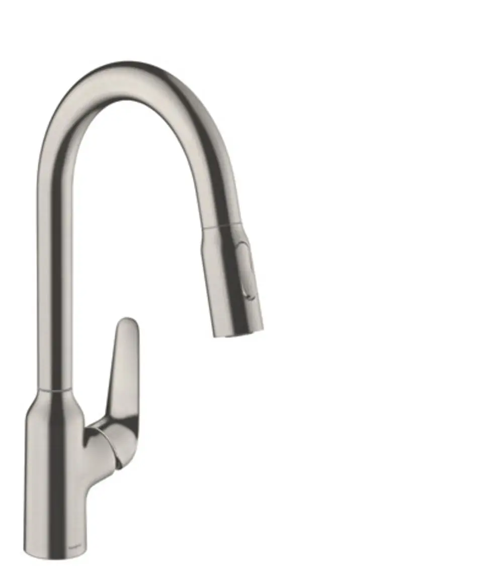 Hansgrohe Spültischmischer mit schwenkbarem Auslauf und integrierter Ausziehbrause in Edelstahl-Optik. Funktionaler Wasserhahn für die Küche.